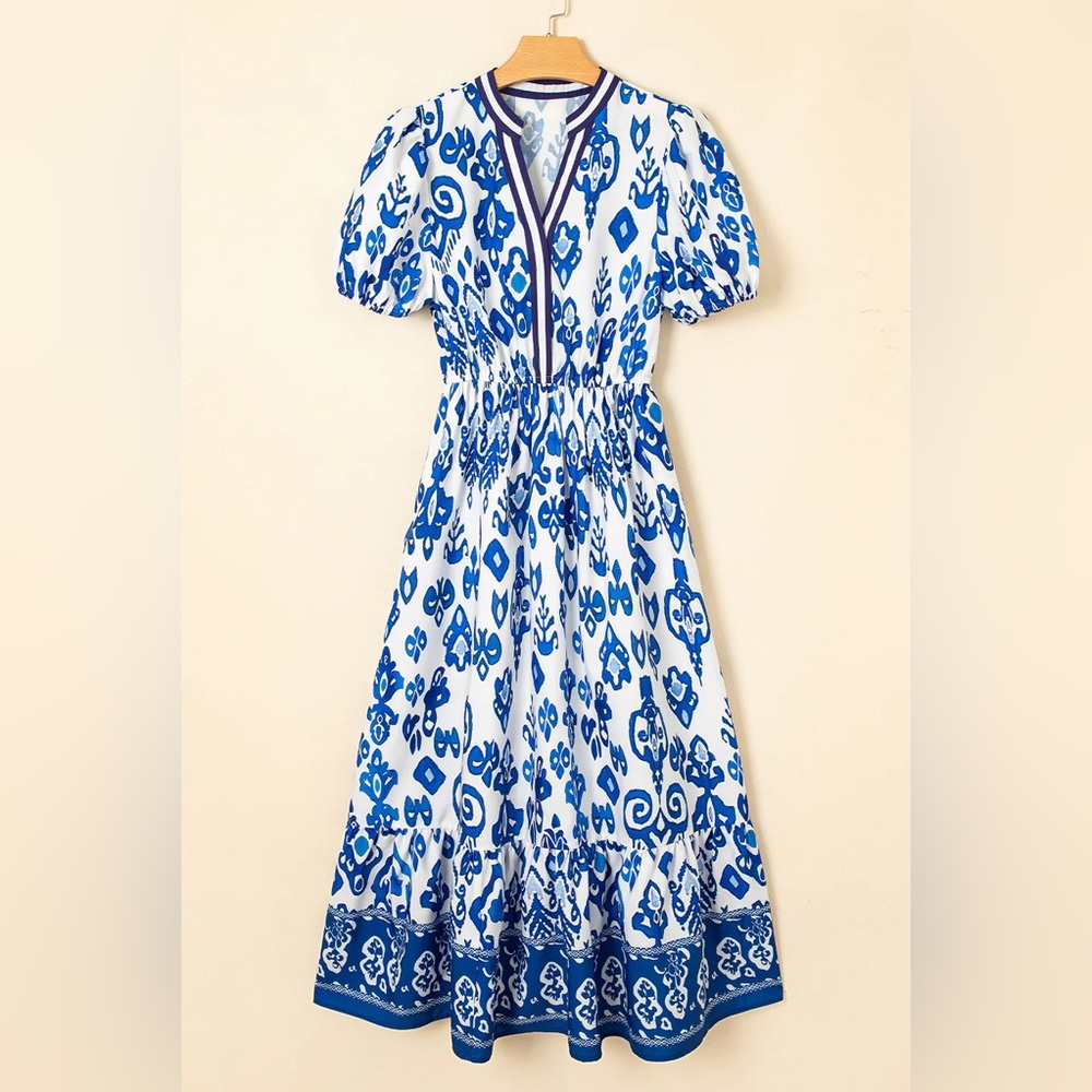 Blue and White Patterned Women's Dress